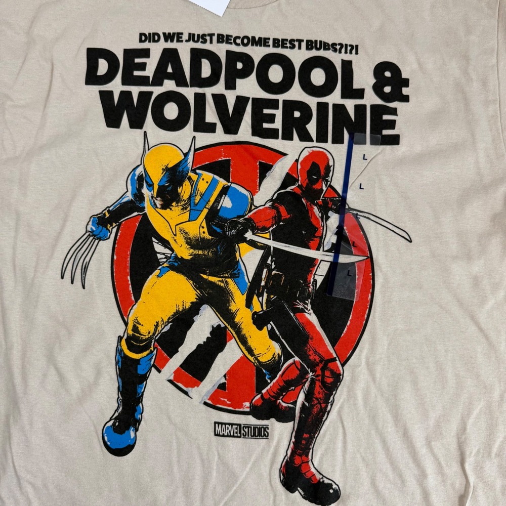 New Deadpool & Wolverine Graphic T Shirt Large Beige Marvel Movie Tee NWT - Picture 2 of 4